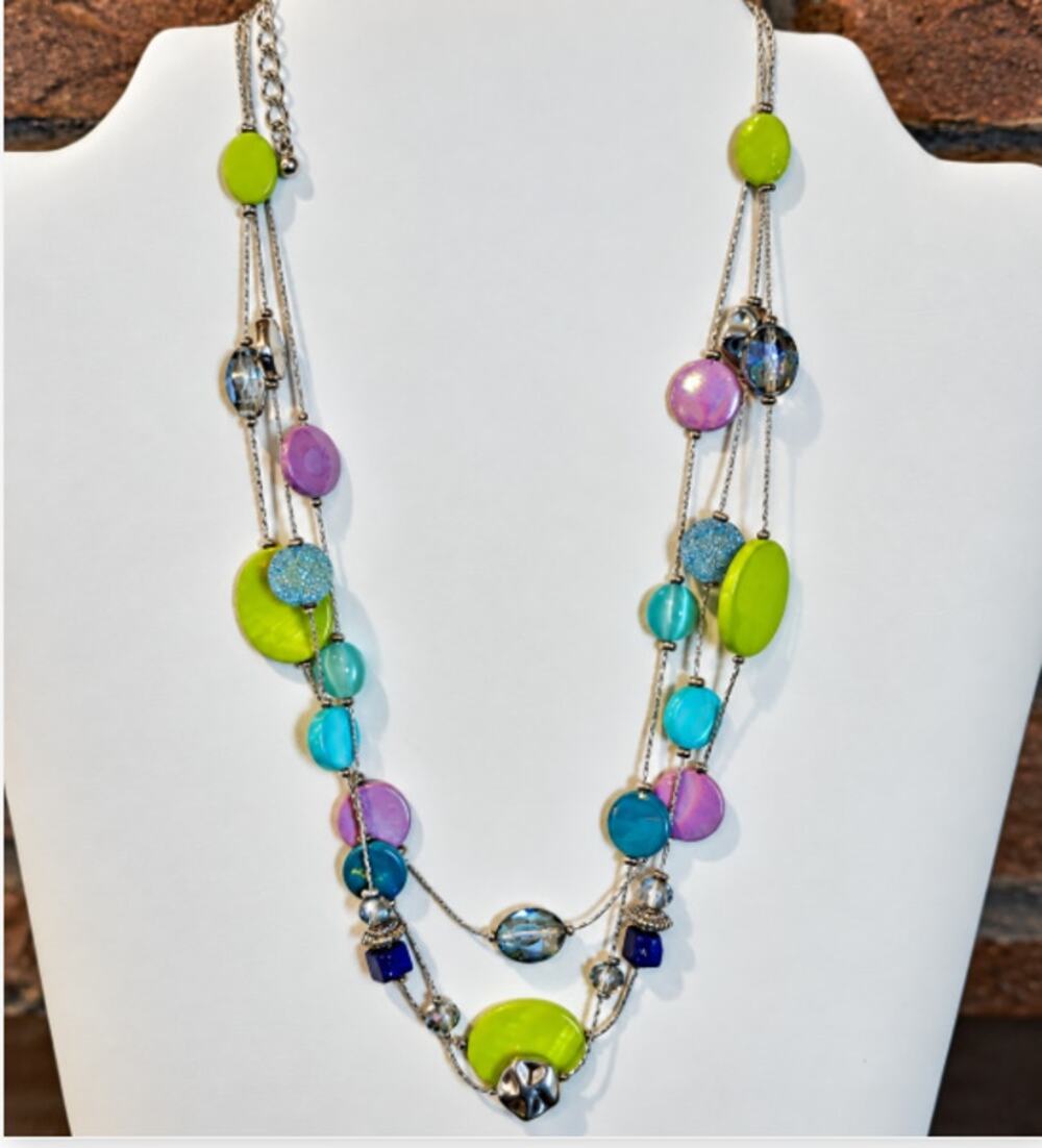 Multi Strand Silver Tone Necklace Colorful Round Beads Lime Green Blue Lavendar